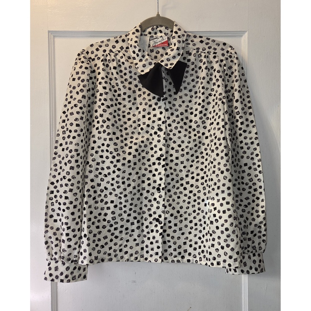Vintage 80's Judy Bond White/Black Geometric Woven Tie Collar Blouse 8